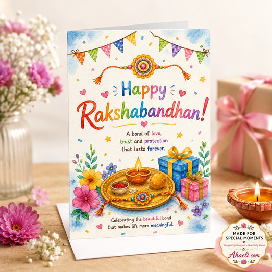 Happy Raksha Bandhan watercolor greeting card featuring a traditional rakhi, festive thali, diya, sweets, flowers, and gift boxes.