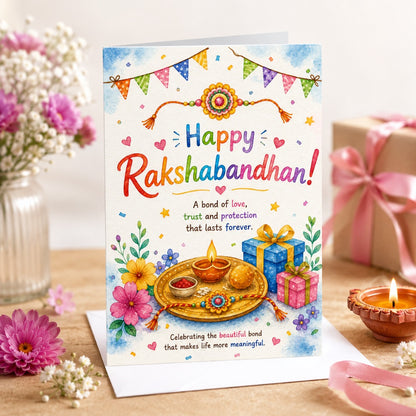 Happy Raksha Bandhan watercolor greeting card with rakhi, diya, gifts and colorful floral design