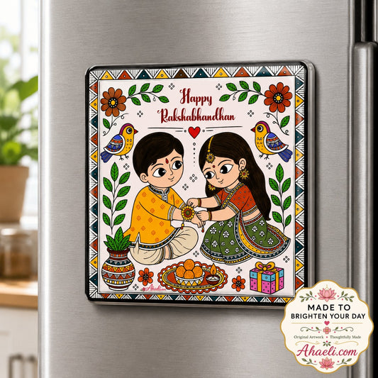 Happy Rakshabandhan acrylic fridge magnet featuring Madhubani art of a sister tying rakhi to her brother, displayed on a refrigerator.