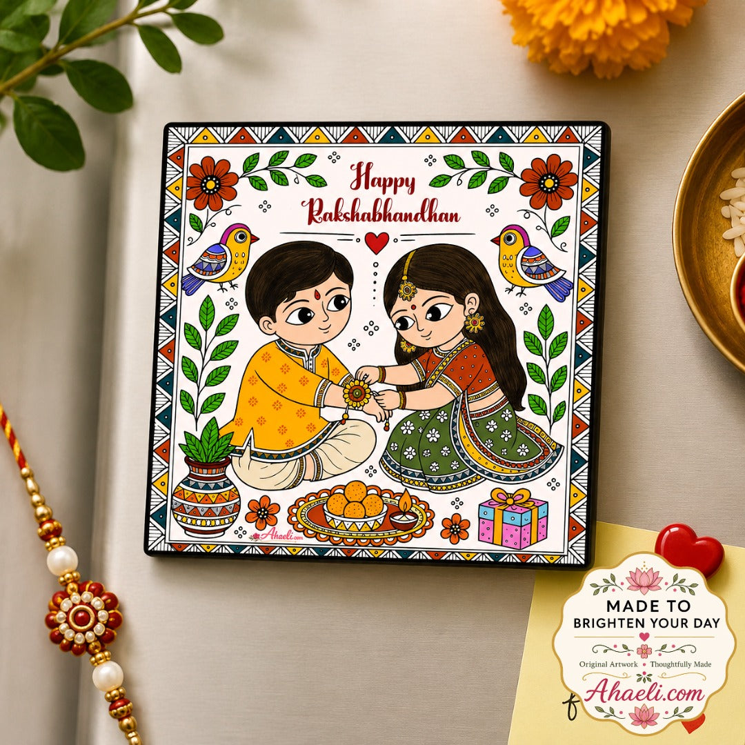 Happy Rakshabandhan Fridge Magnet featuring Madhubani art of a sister tying rakhi to her brother with traditional Indian folk design