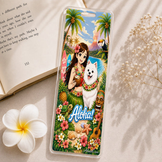Hawaiian Aloha acrylic bookmark with tropical girl and dog design
