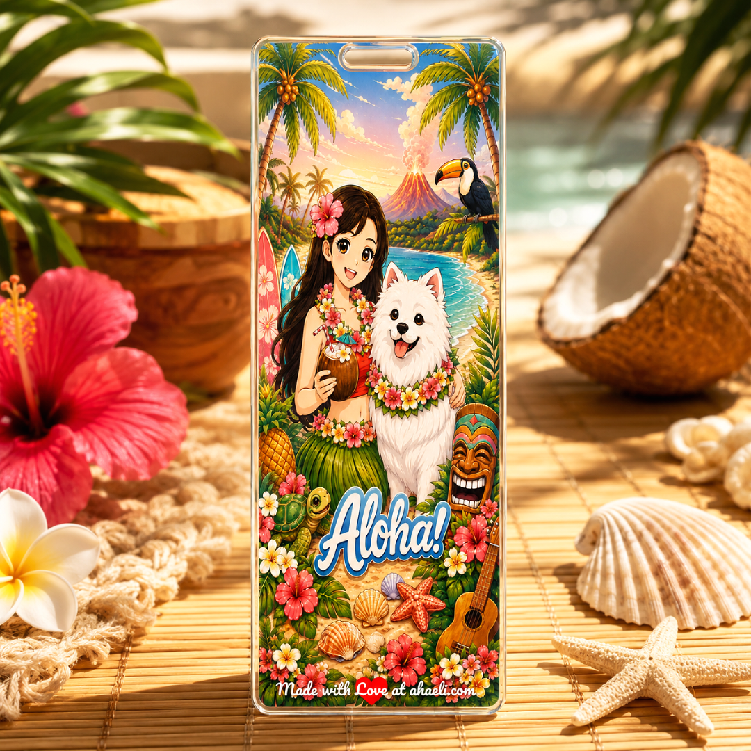 Hawaiian Aloha Acrylic Bookmark featuring the Ahaeli mascot girl with her loving dog surrounded by vibrant tropical elements and island-inspired artwork.