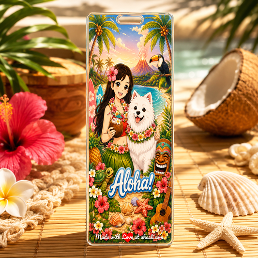 Hawaiian Aloha Acrylic Bookmark featuring the Ahaeli mascot girl with her loving dog surrounded by vibrant tropical elements and island-inspired artwork.