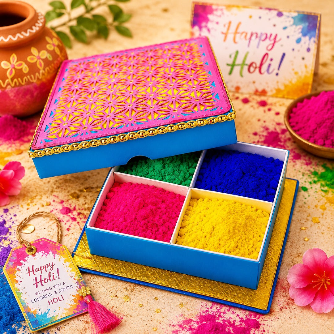 Decorative Holi gift box with four packs of organic herbal gulal in red, yellow, green, and blue colors – safe and eco-friendly Holi colors.