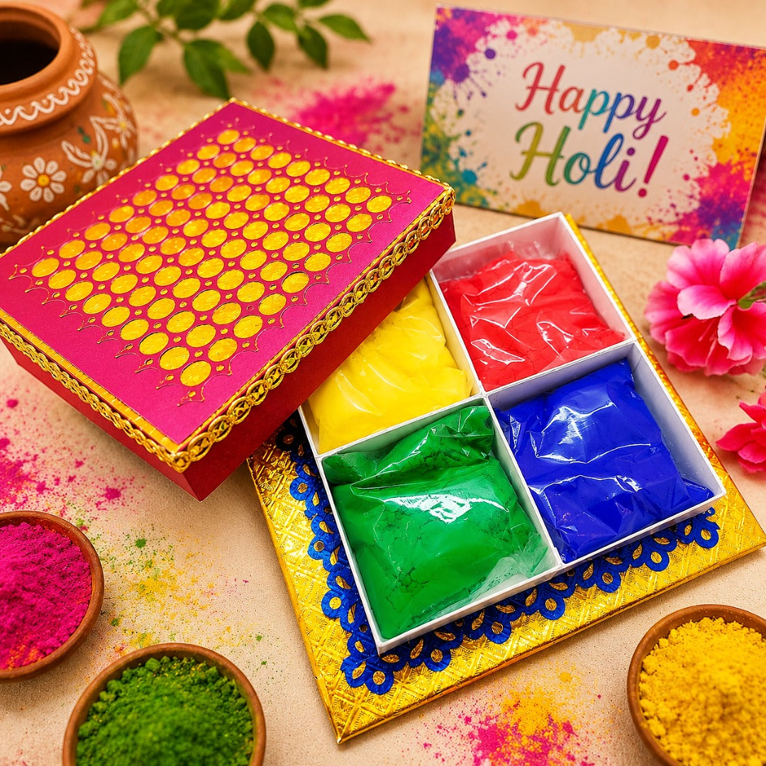 Handcrafted Holi gift box with 100% natural herbal gulal powders in assorted colors, perfect for gifting and festive celebrations.