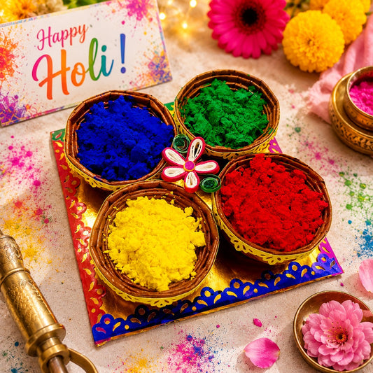 Happy Holi display with vibrant natural gulal powders in quilled baskets and festive floral decorations