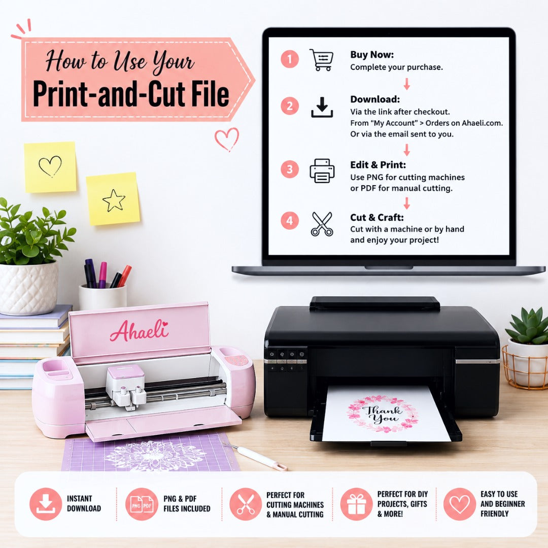 How to use print-and-cut digital files with Cricut, Silhouette, and home printers, including download, printing, and cutting instructions.