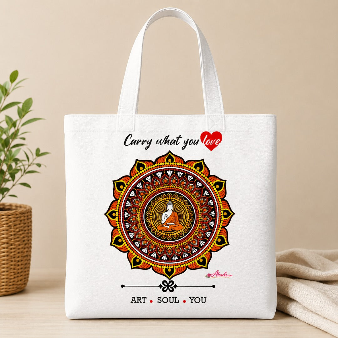 Inner Peace Tote Bag featuring Buddha meditation artwork inside a colorful mandala on a white canvas tote.