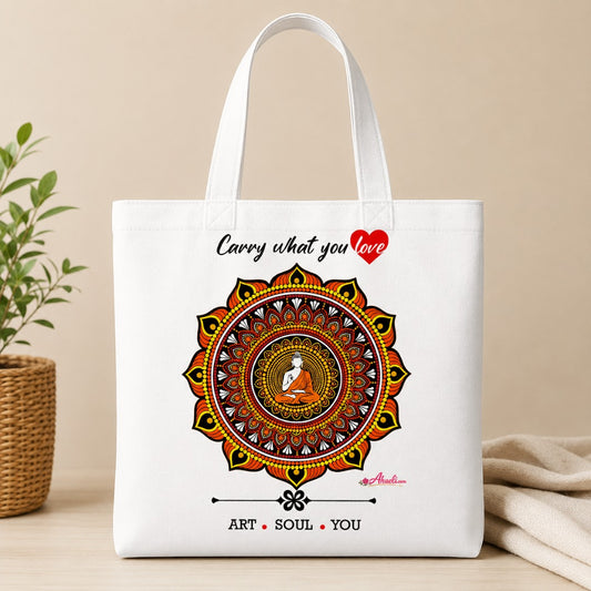 Inner Peace Tote Bag featuring Buddha meditation artwork inside a colorful mandala on a white canvas tote.