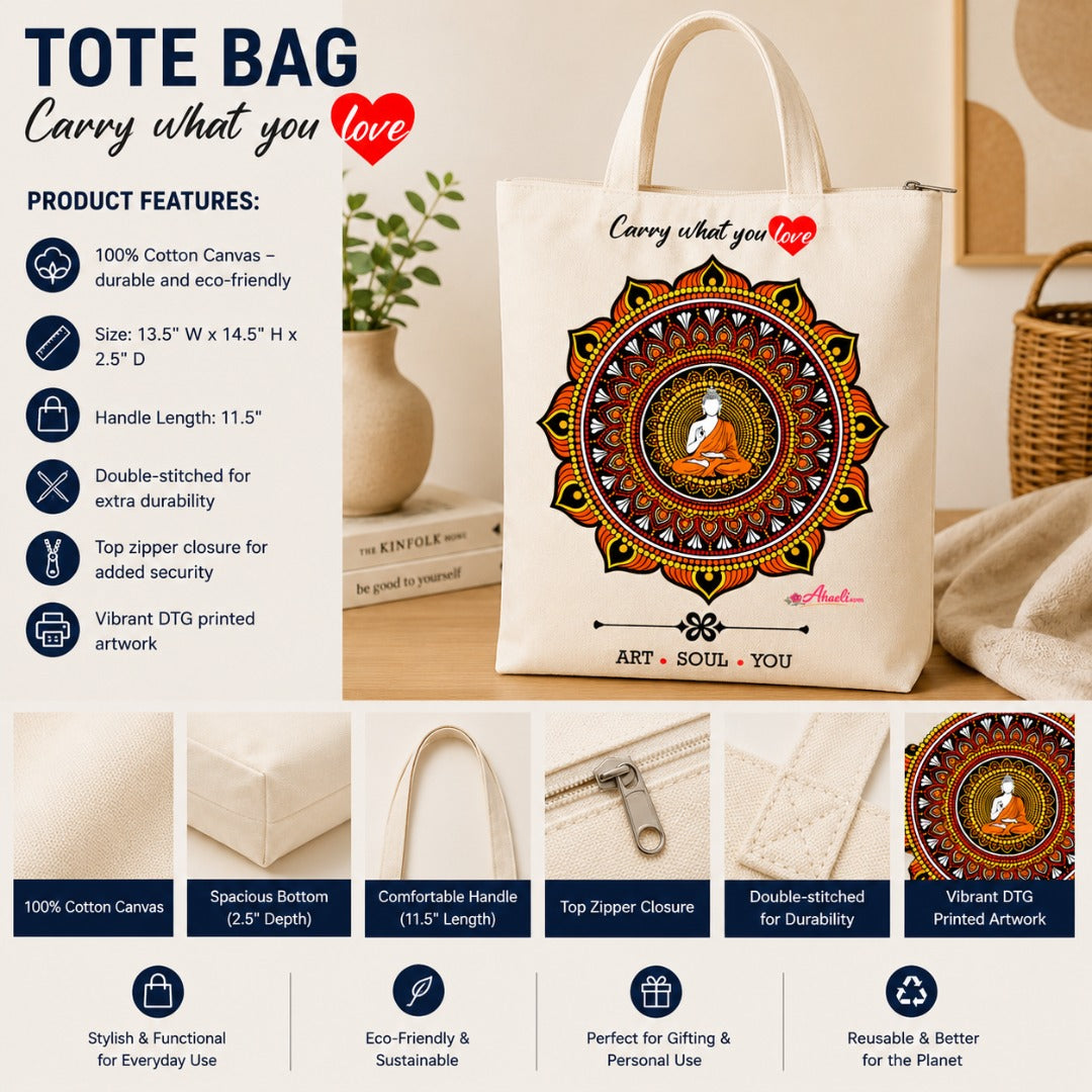 Product features of Inner Peace cotton canvas tote bag showing zipper closure, durable stitching, spacious design and vibrant mandala artwork
