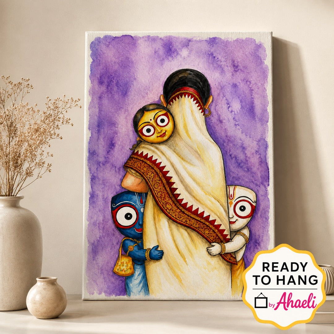 Jagannath Family canvas painting 20 x 30 inch displayed in a modern living room with premium wall décor.