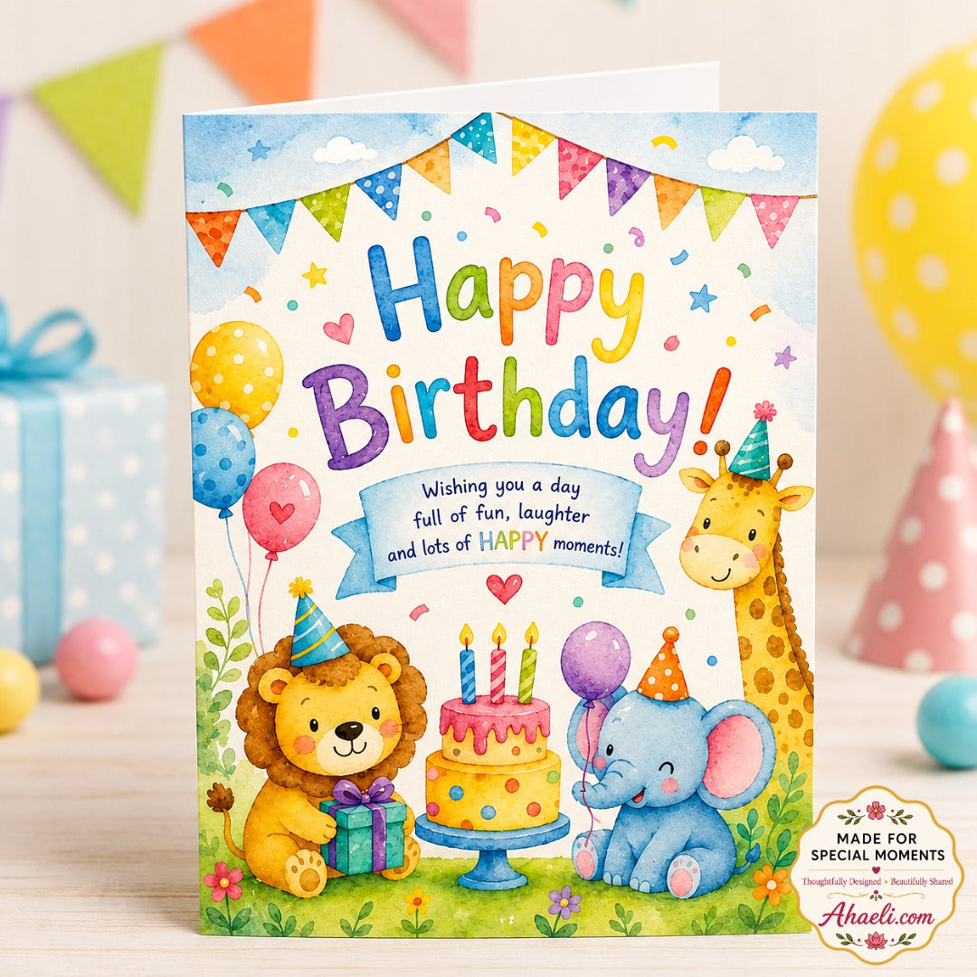 Jungle Joy birthday greeting card featuring cute watercolor jungle animals, balloons and birthday cake