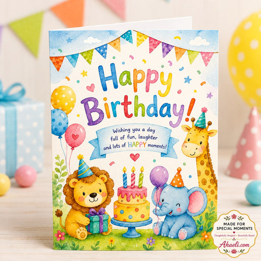 Jungle Joy birthday greeting card featuring cute watercolor jungle animals, balloons and birthday cake