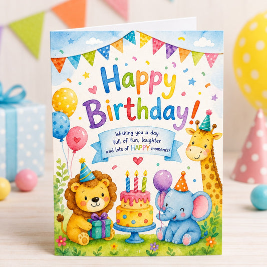 Jungle Joy birthday greeting card with watercolor lion, elephant, giraffe and colorful birthday cake