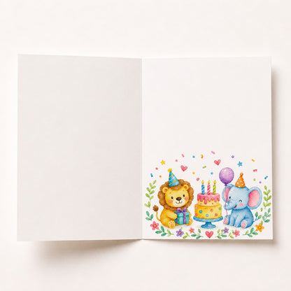 Open Jungle Joy birthday card with watercolor lion, elephant, birthday cake and floral design inside