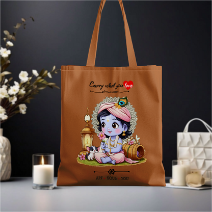 Artistic Baby Krishna design on an eco-friendly canvas tote bag inspired by Indian culture and spirituality.