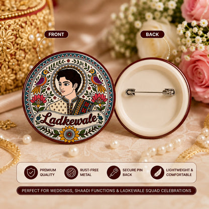 Ladkewale Wedding Badge front and back view featuring Madhubani art groom design and secure pin-back closure