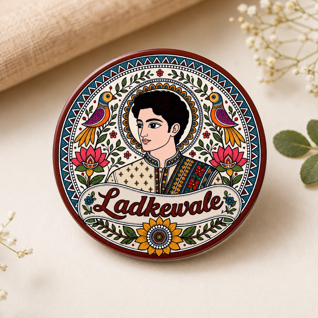 Ladkewale Wedding Badge featuring Madhubani art groom illustration for groom side wedding celebrations and family functions.