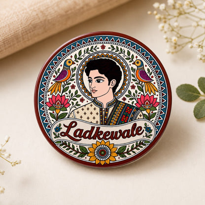 Ladkewale Wedding Badge featuring Madhubani art groom illustration for groom side wedding celebrations and family functions.