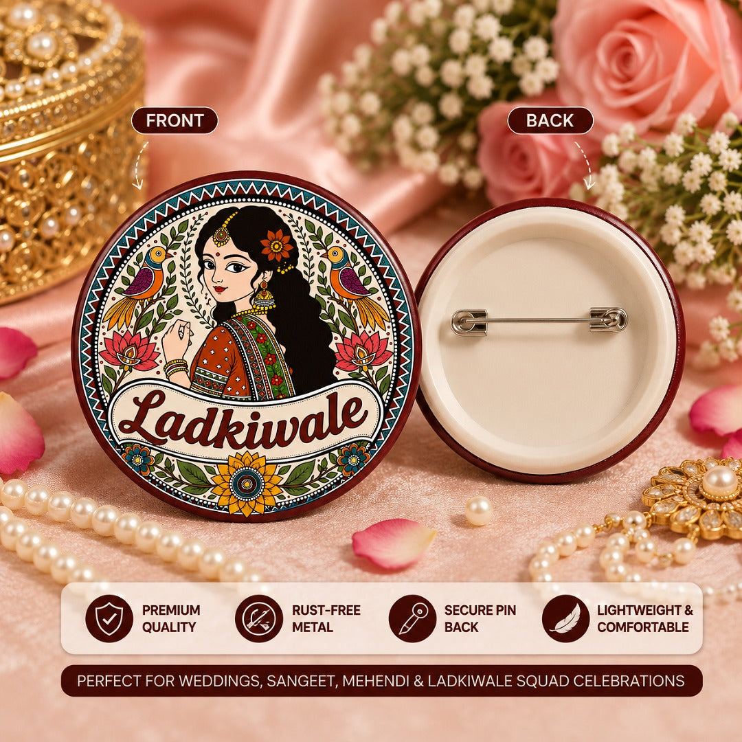 Ladkiwale Wedding Badge front and back view featuring Madhubani art bride design and secure pin-back closure