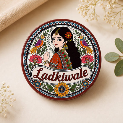 Ladkiwale Wedding Badge featuring Madhubani art bride illustration for bride side wedding celebrations and family functions.