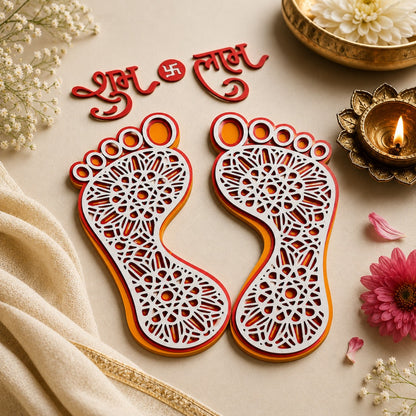 Layered Laxmi Mandala Paduka template featuring intricate mandala foot design, ideal for Diwali decor, laser cutting, CNC, Cricut and handmade crafts.