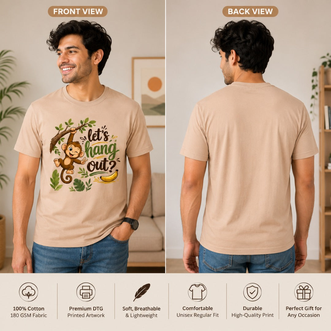Front and back view of Let's Hang Out Men's Cotton T-Shirt in peach featuring a cute monkey graphic with premium DTG print.