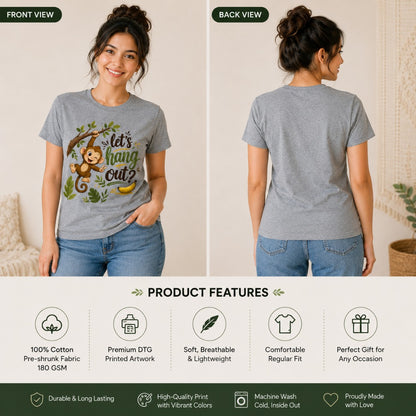 A side-by-side front and back view of a woman modeling a heather gray short-sleeve graphic T-shirt. The front view shows a jungle-themed print with a monkey and the text 'let hang out?'.