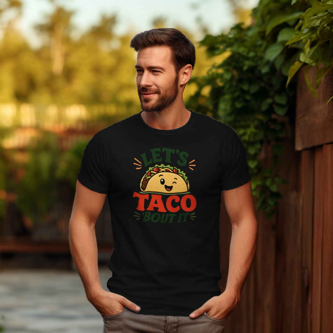 Let's Taco Bout It men's cotton t-shirt in black featuring a taco lover graphic design
