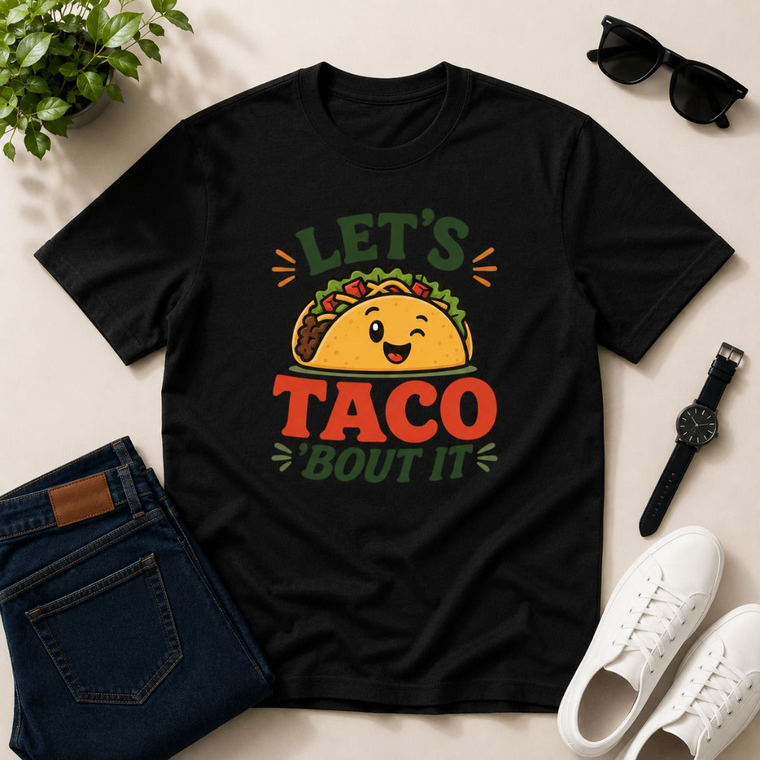 Men's black cotton T-shirt featuring a cute smiling taco graphic with the funny phrase "Let's Taco 'Bout It".