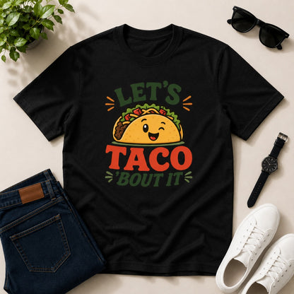 Men's black cotton T-shirt featuring a cute smiling taco graphic with the funny phrase "Let's Taco 'Bout It".