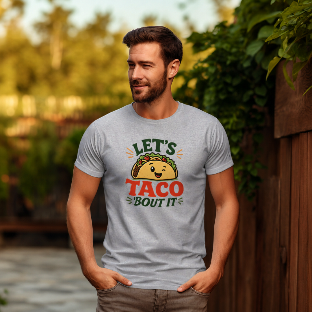 Let's Taco Bout It men's cotton t-shirt featuring a fun taco lover graphic design