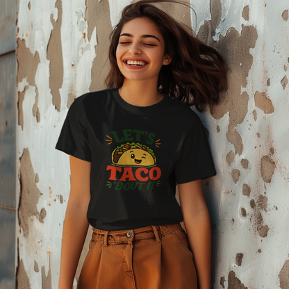 Let's Taco Bout It women's cotton t-shirt in black featuring a taco lover graphic design