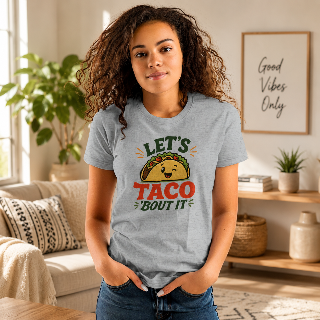 Let's Taco Bout It women's cotton t-shirt in grey milanage featuring a taco lover graphic design