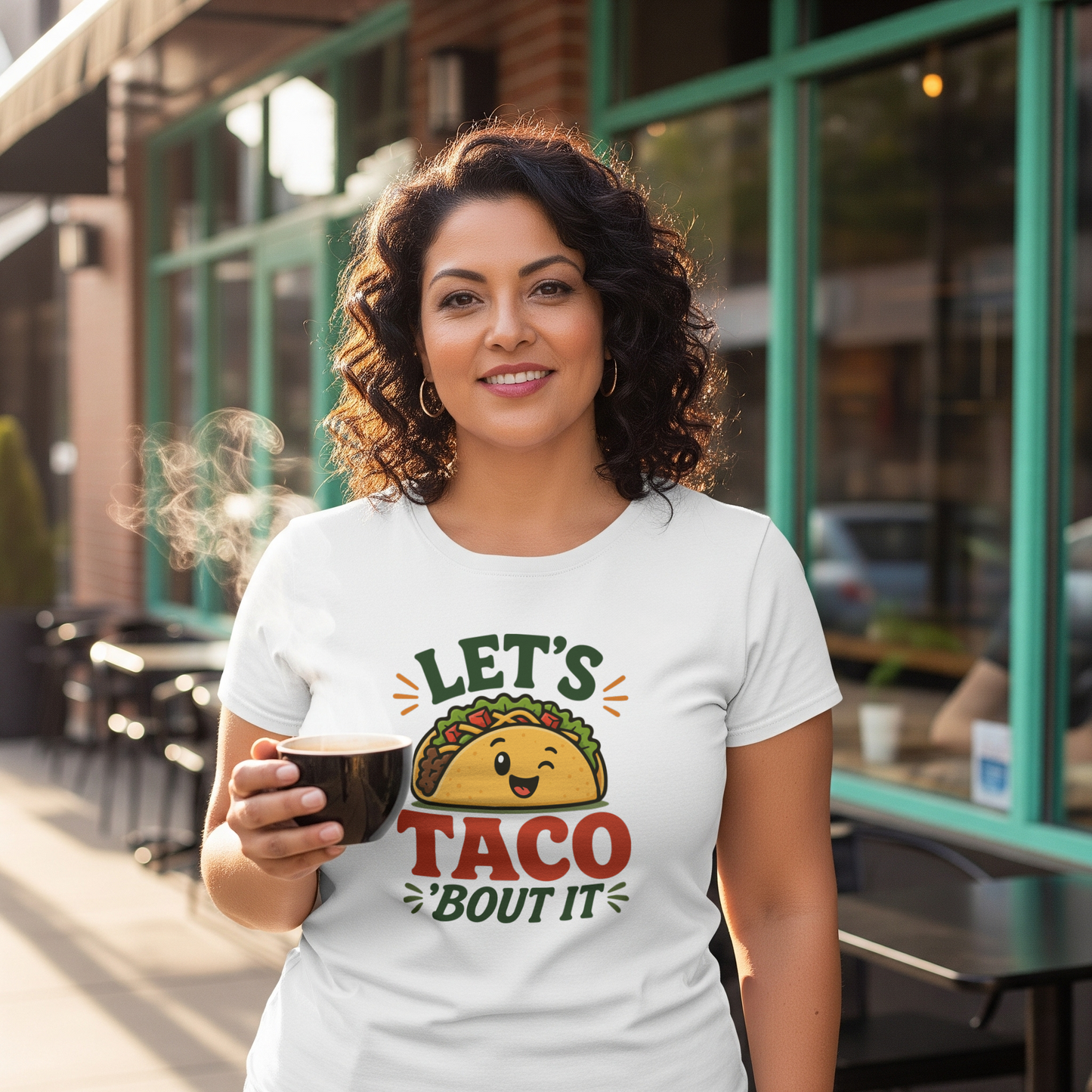 Let's Taco Bout It women's cotton t-shirt featuring a fun taco lover graphic design