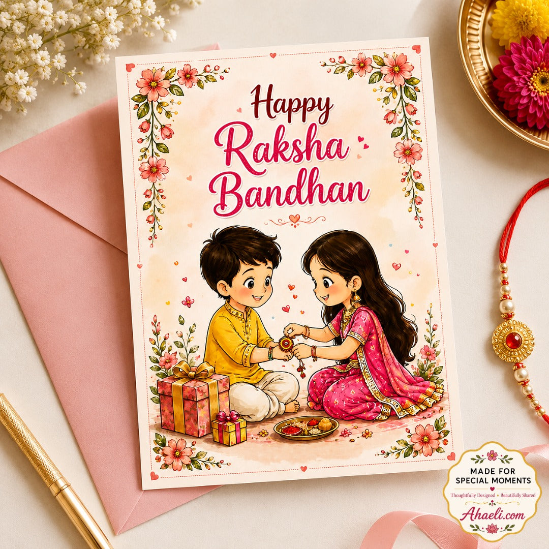 Little Hearts, Big Bond Happy Raksha Bandhan Greeting Card for Brother & Sister displayed with a pink envelope, festive Rakhi decorations, flowers, and a gold pen.