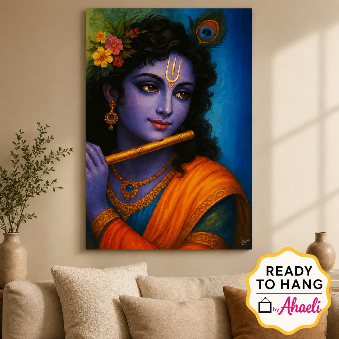 Lord Krishna painting with flute and peacock feather in contemporary devotional art style, premium canvas wall art by Ahaeli