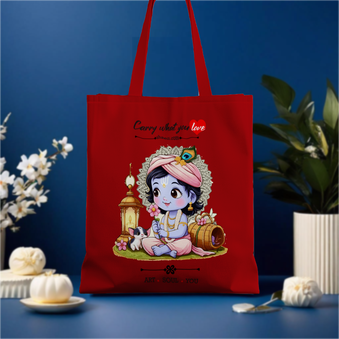 Bal Krishna illustration printed on a reusable tote bag, perfect for spiritual gifting and daily carrying needs.