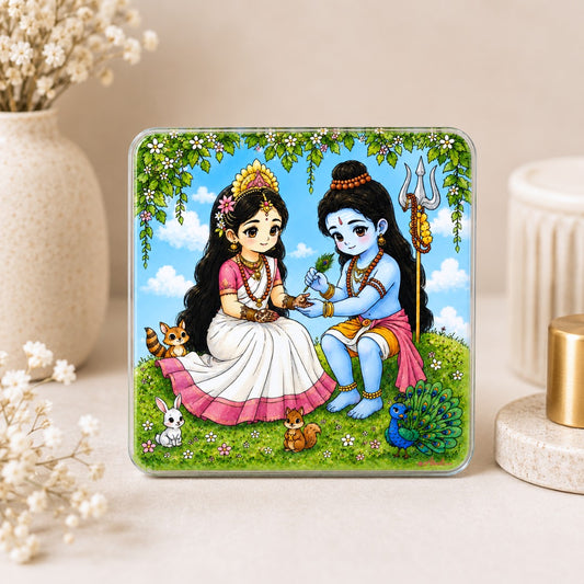 Lord Shiva and Parvati fridge magnet with colorful devotional artwork