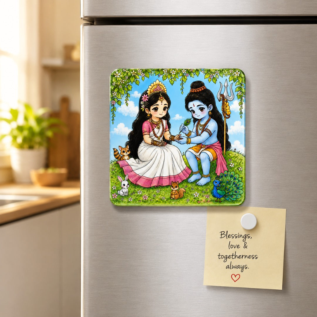 Lord Shiva and Parvati fridge magnet displayed on a refrigerator