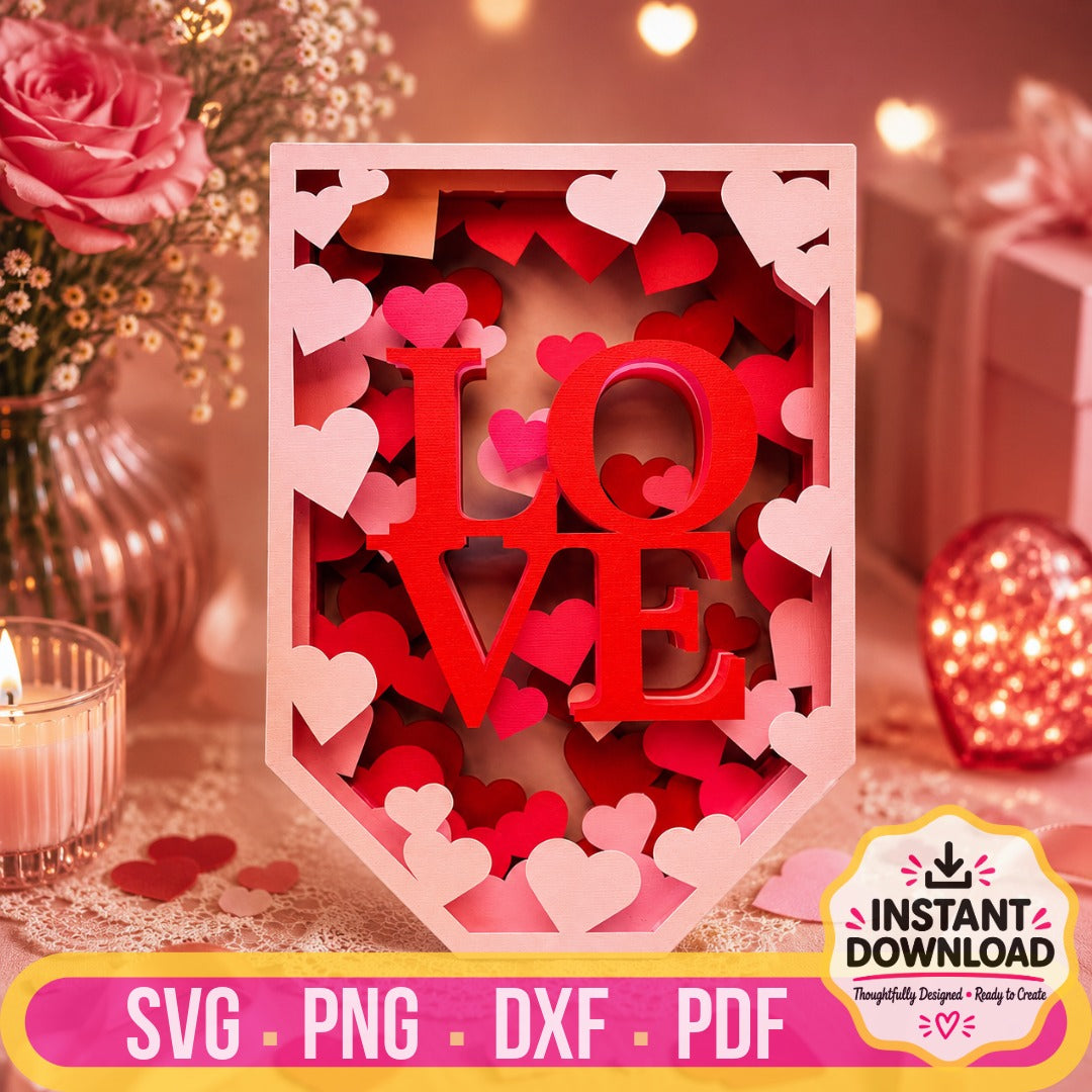 Love Cascade Valentine's Day shadow box SVG with layered hearts and love design