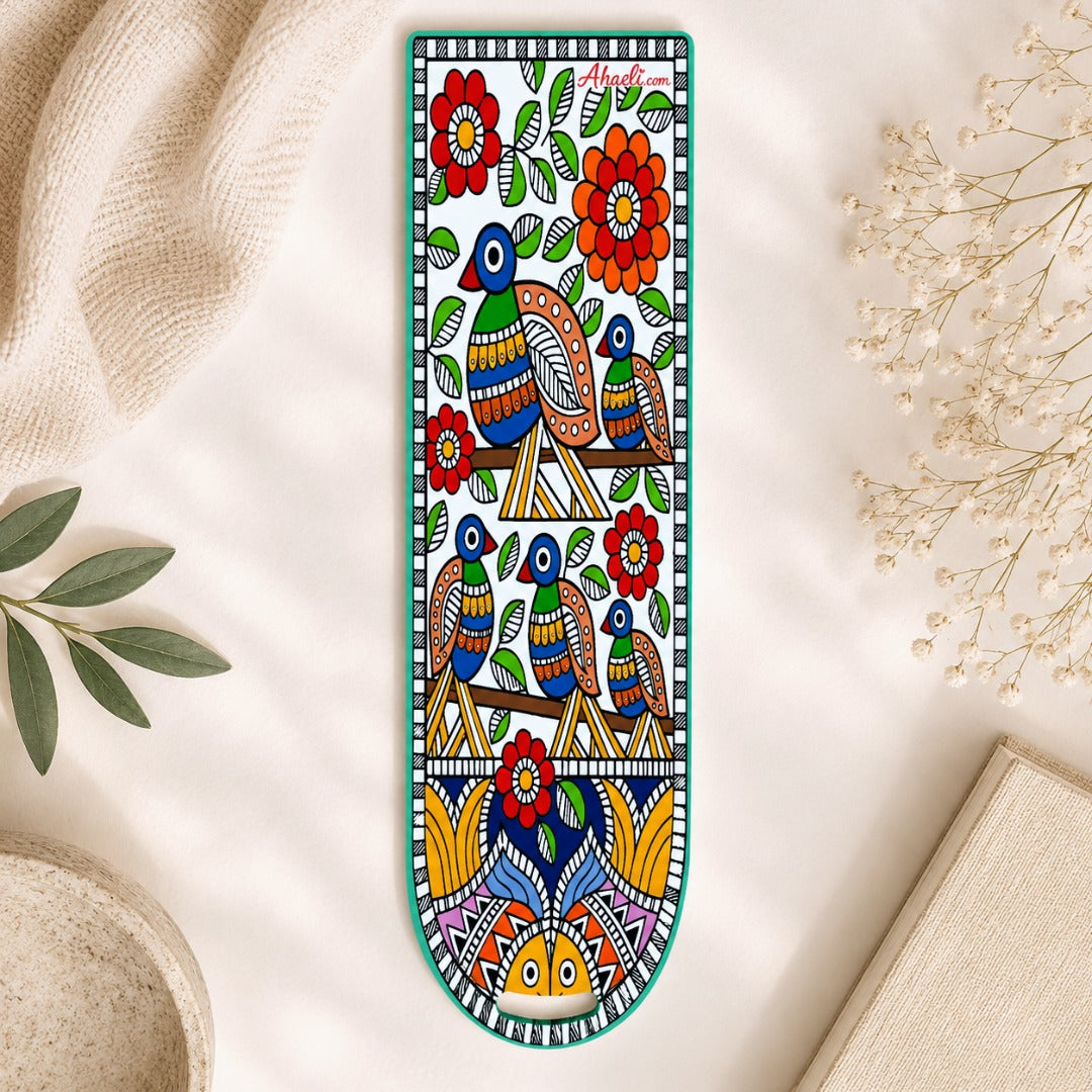 Madhubani art peacock and fish acrylic bookmark with colorful traditional Indian folk art design