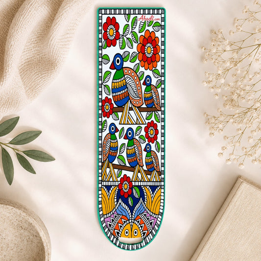 Madhubani art peacock and fish acrylic bookmark with colorful traditional Indian folk art design