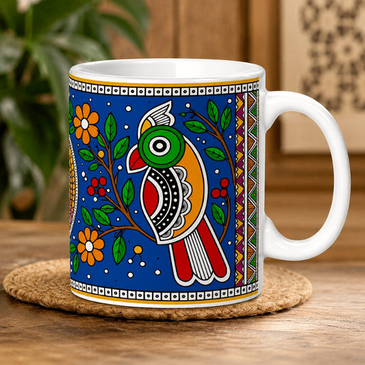 Madhubani Birds Art coffee mug featuring colorful birds, floral motifs and traditional Indian folk art design
