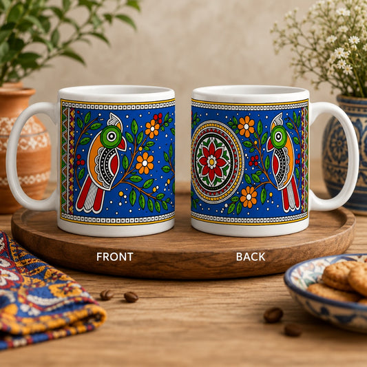 Front and back view of Madhubani Birds Art coffee mug featuring traditional Indian folk art bird and mandala illustrations