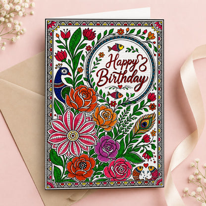 Madhubani Bloom birthday greeting card with traditional floral folk art, peacocks and colorful flowers