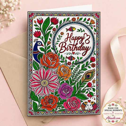 Madhubani Bloom birthday greeting card featuring colorful floral Indian folk art illustration