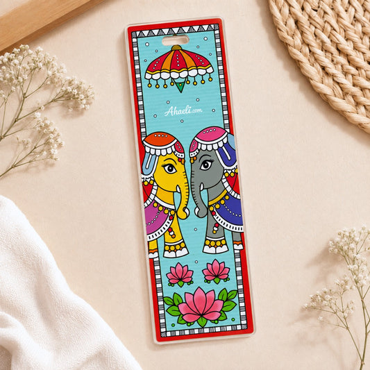 Madhubani elephant acrylic bookmark featuring two decorated elephants and colorful lotus flowers