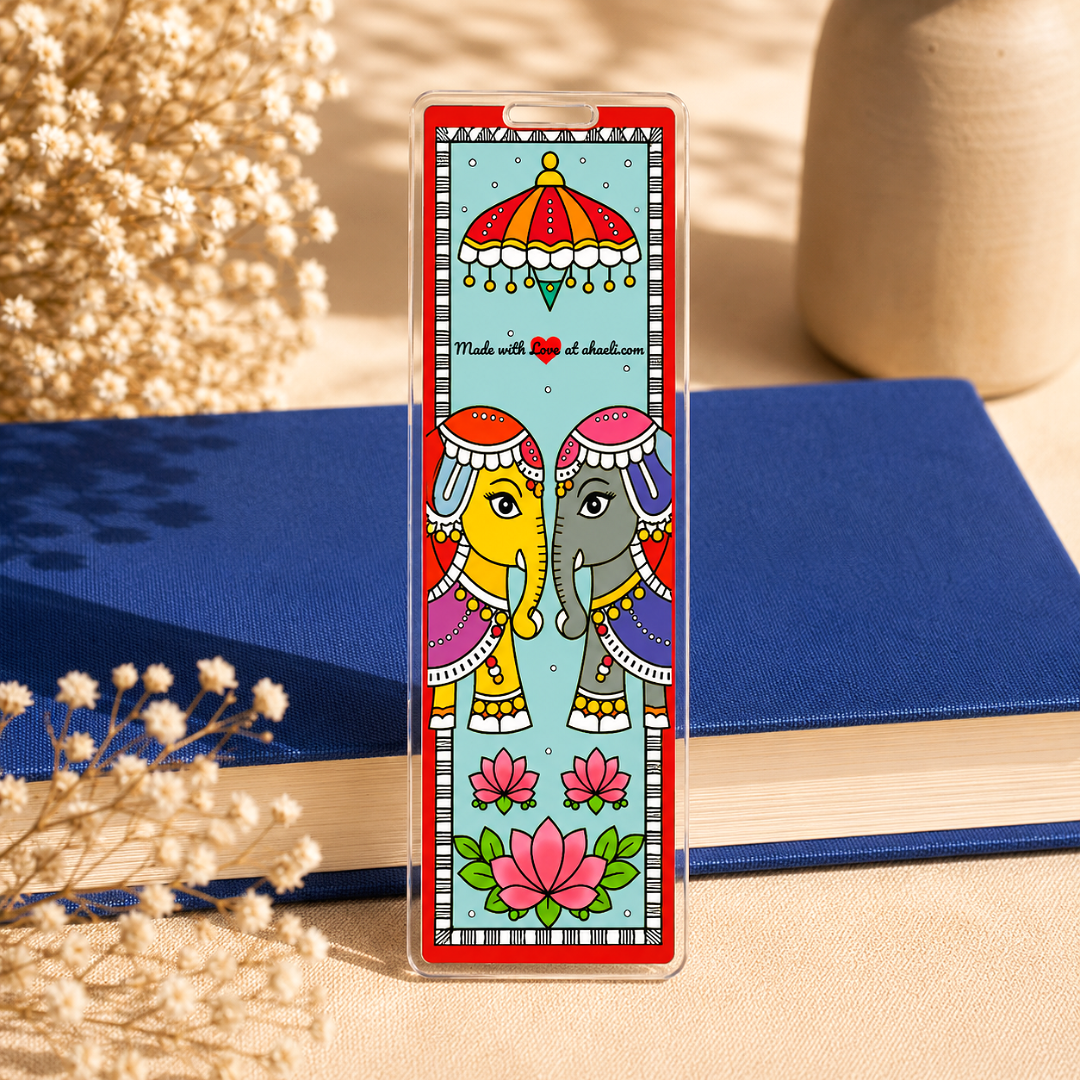 Madhubani Elephant Acrylic Bookmark featuring vibrant Mithila folk art, decorative Indian art bookmark for book lovers and unique gifting.