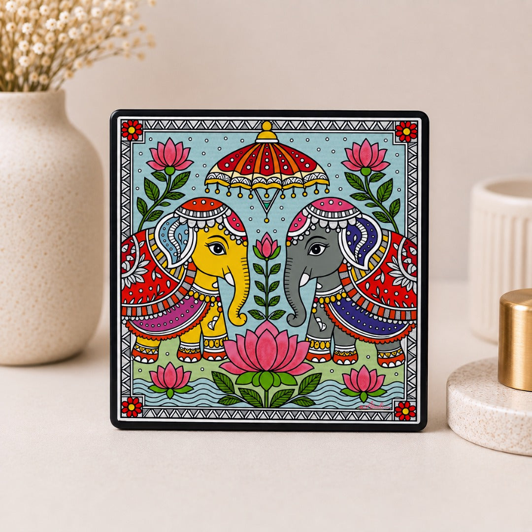 Madhubani elephant and lotus fridge magnet with colorful Indian folk art